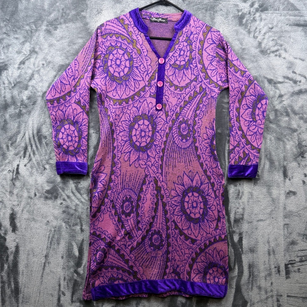 Pink Berry Tunic Top Womens XL Purple Paisley Velvet Trim Long Sleeve Boho Knit
